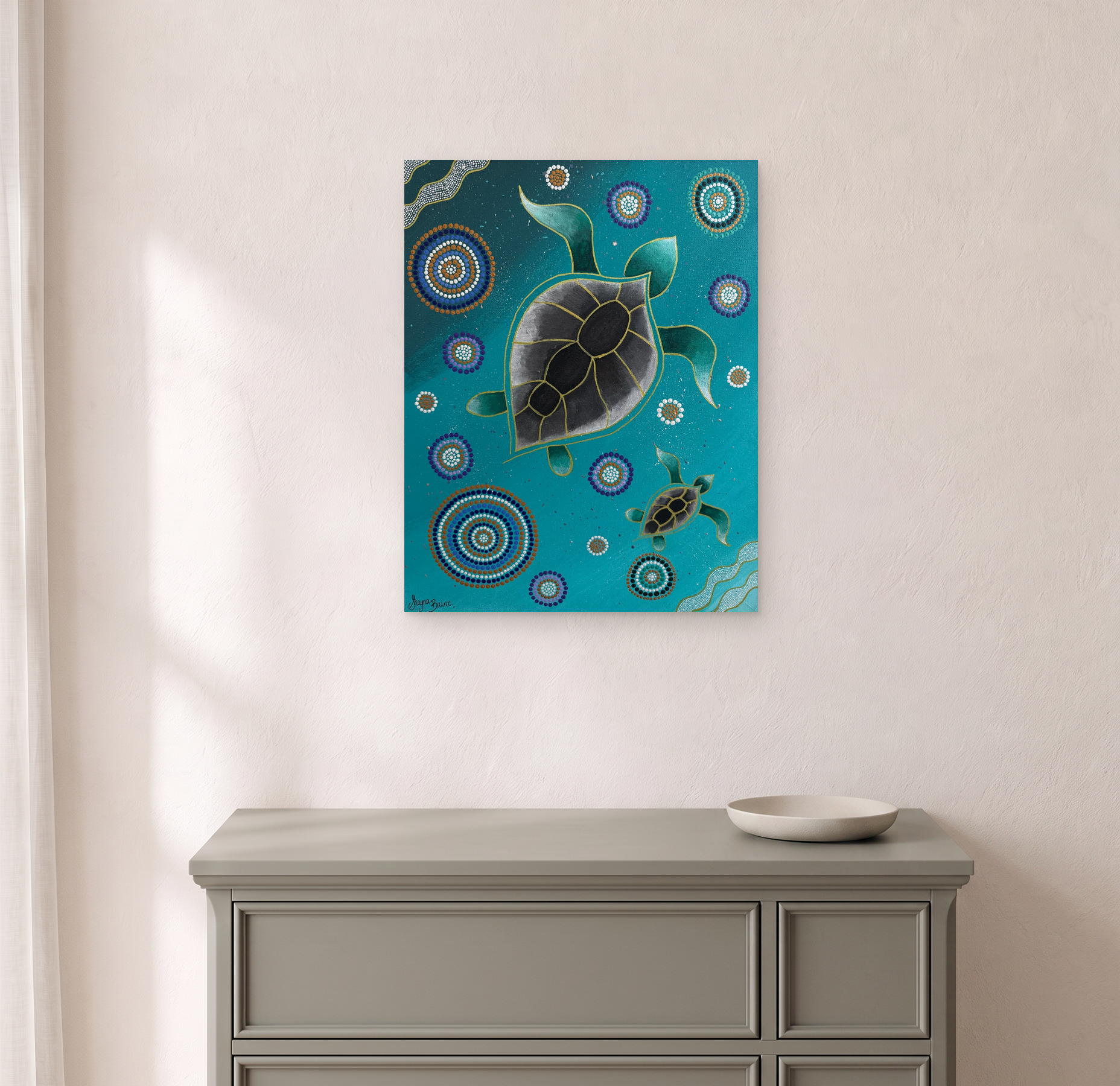 Digital room mockup showing the 36 × 46 cm two-turtle painting above a sage-grey bedroom chest