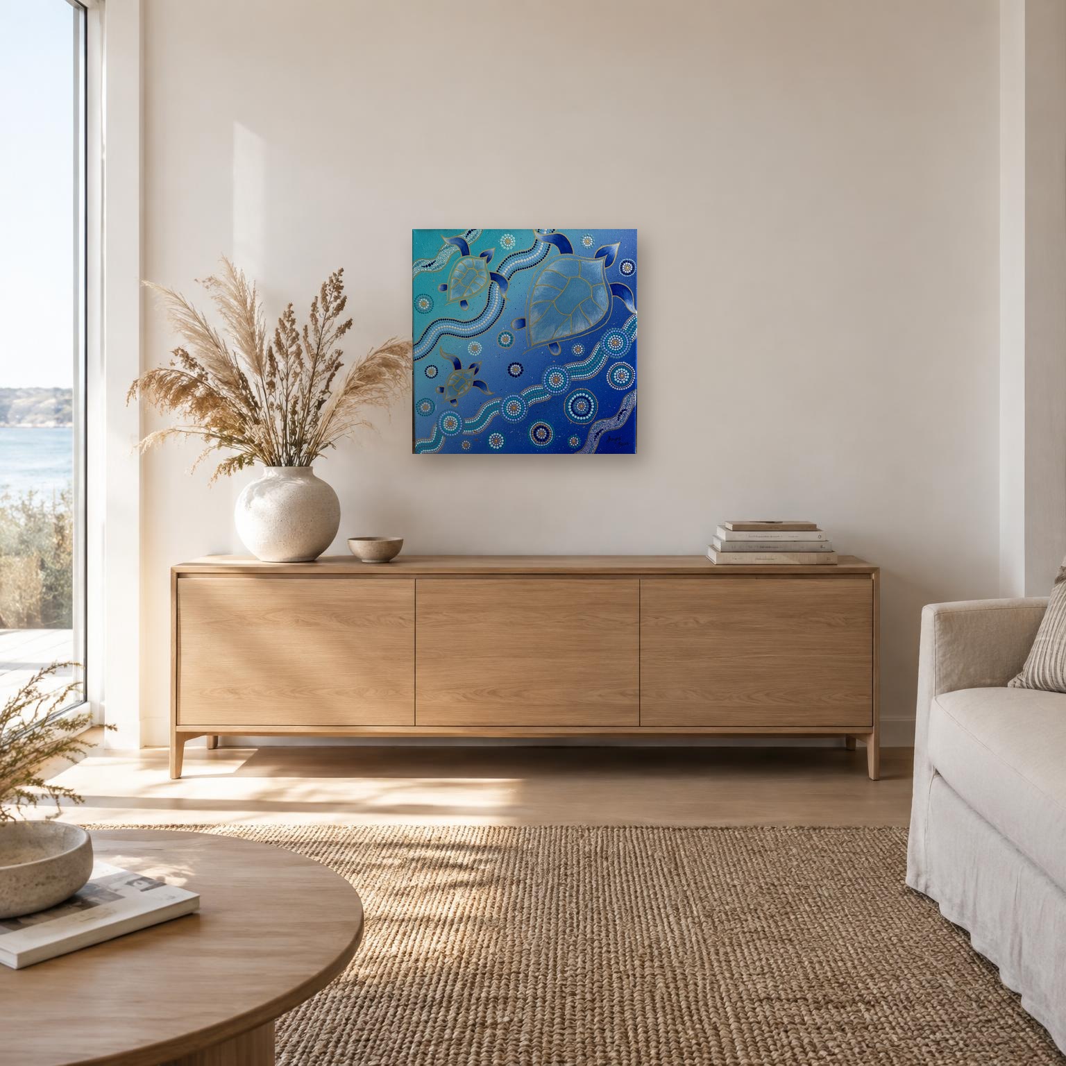 Digital room mockup showing the sold 51 × 51 cm three-turtle painting above an oak sideboard in a coastal living room