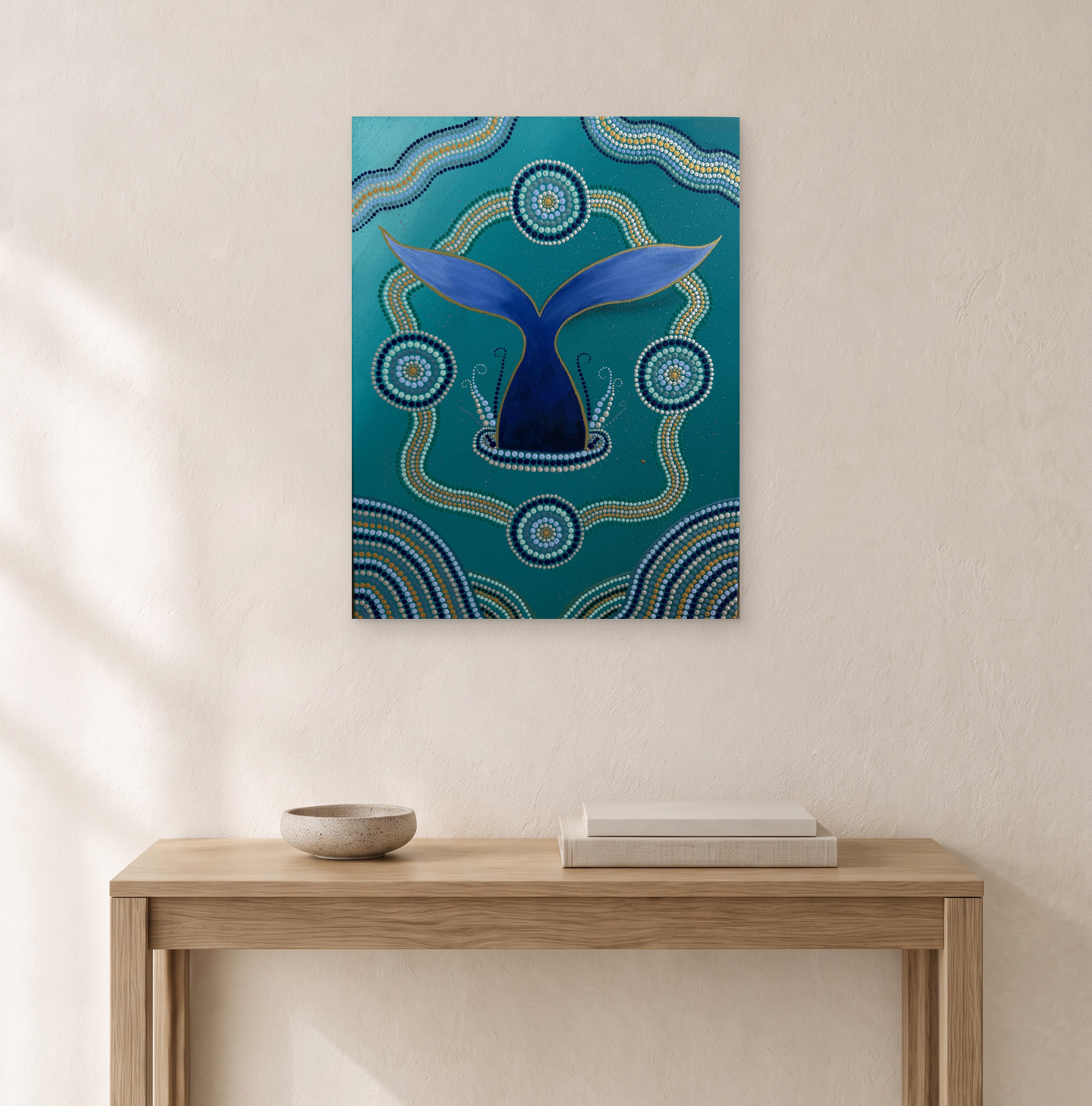 Digital room mockup showing the 35.5 × 46 cm whale tail painting above a compact oak entryway console